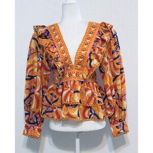 Boho Ruffle V-Neck Peplum Blouse in Orange Print